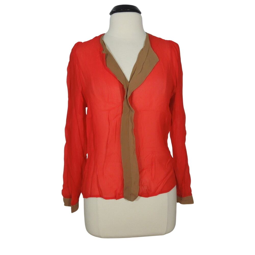 SAM & LAVI Blouse L LARGE Los Angeles Red Sheer Brown Trim
